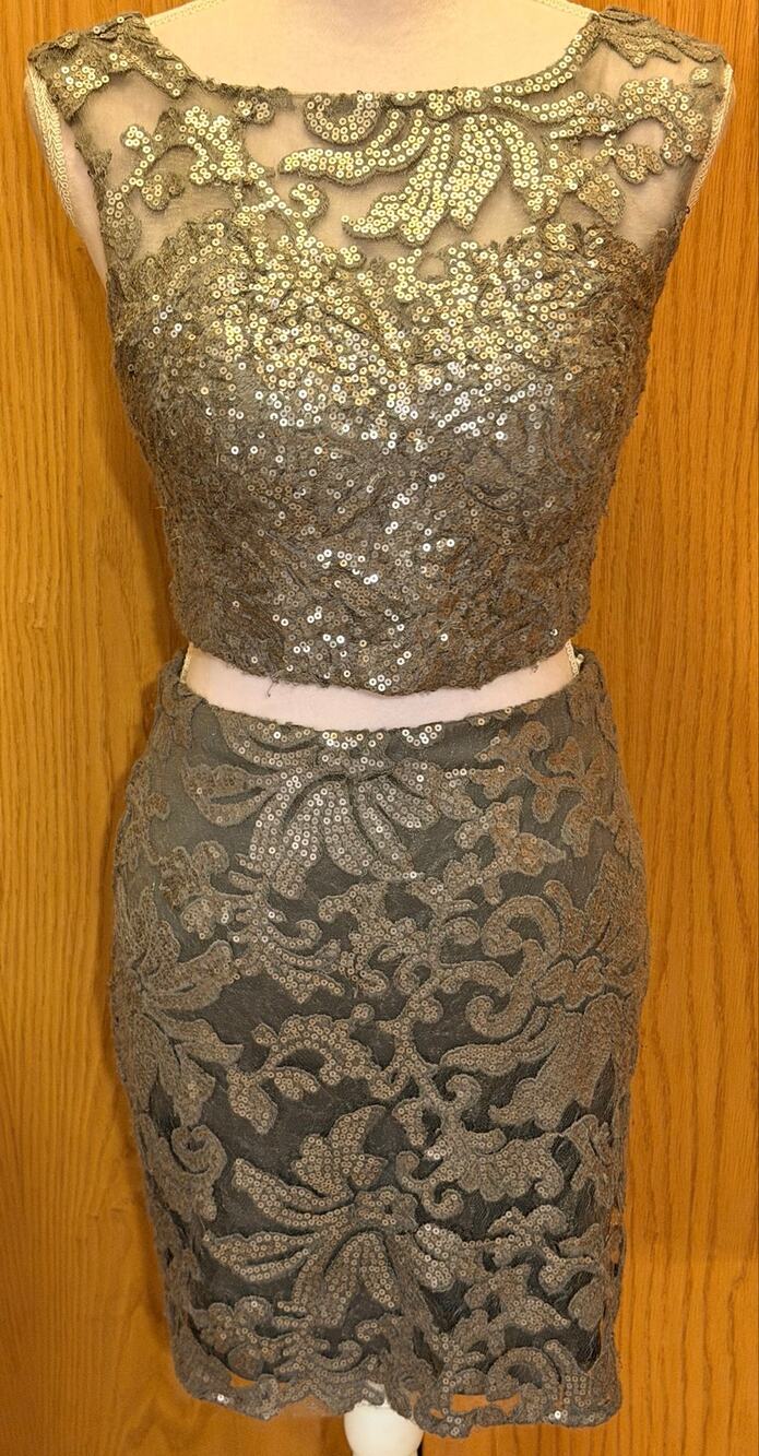 Alyce Paris Two-Piece Sequin Lace Cocktail Dress Set Charcoal Grey Size 4